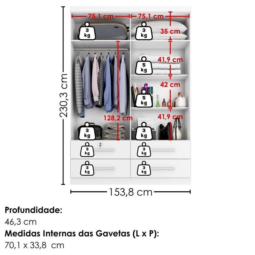 Guarda Roupa Solteiro Mari 4 Portas De Bater Com Espelho 2 Gavetas MDP Branco Absoluto Milani - imagem 4