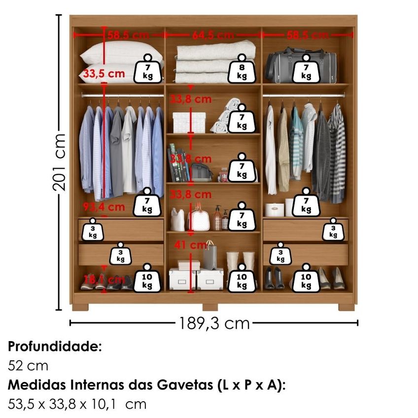 Guarda Roupa Casal 3 Portas De Correr Com Espelho Confort 190 Cm Cinamomo Areia Zanz - imagem 3