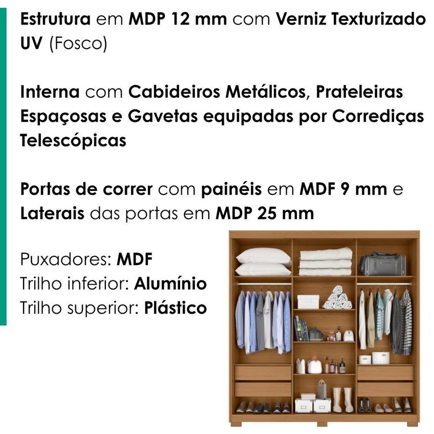 Guarda Roupa Casal 3 Portas De Correr Com Espelho Confort 190 Cm Cinamomo Areia Zanz - imagem 4