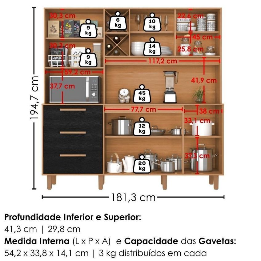 Kit Cozinha Mari 6 Portas 3 Gavetas MDP Cinamomo Preto Milani Moveleira - imagem 3