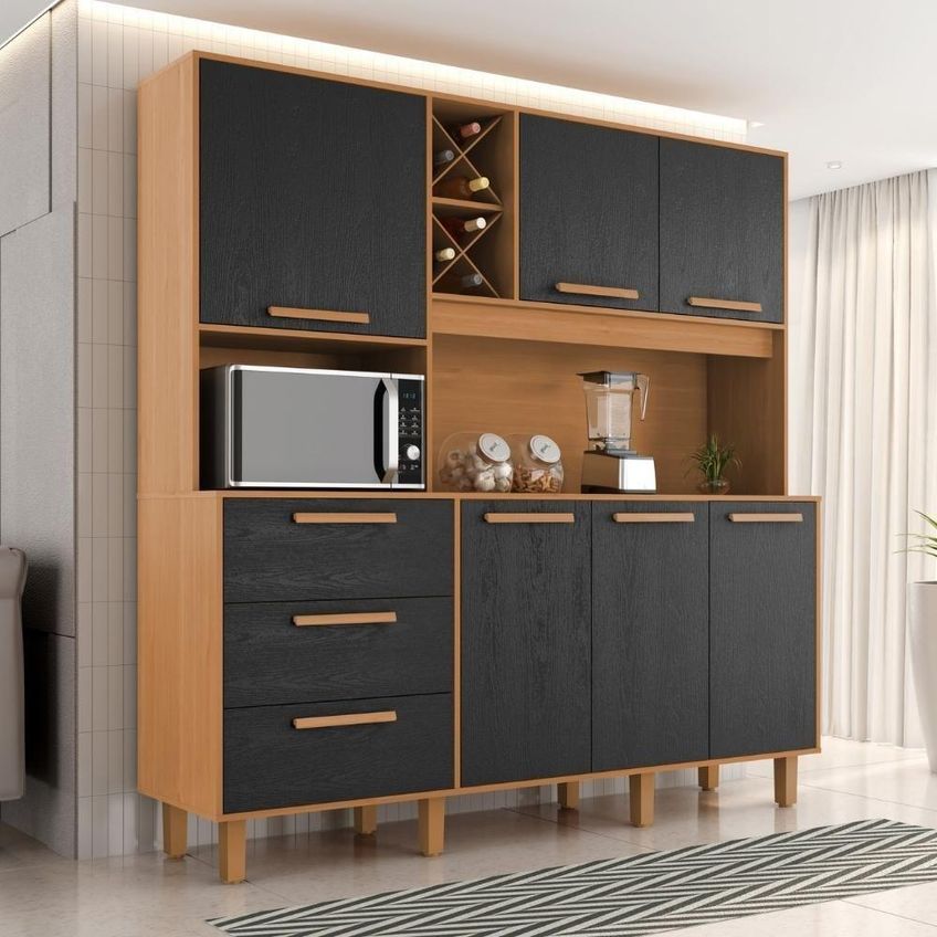 Kit Cozinha Mari 6 Portas 3 Gavetas MDP Cinamomo Preto Milani Moveleira - imagem 5