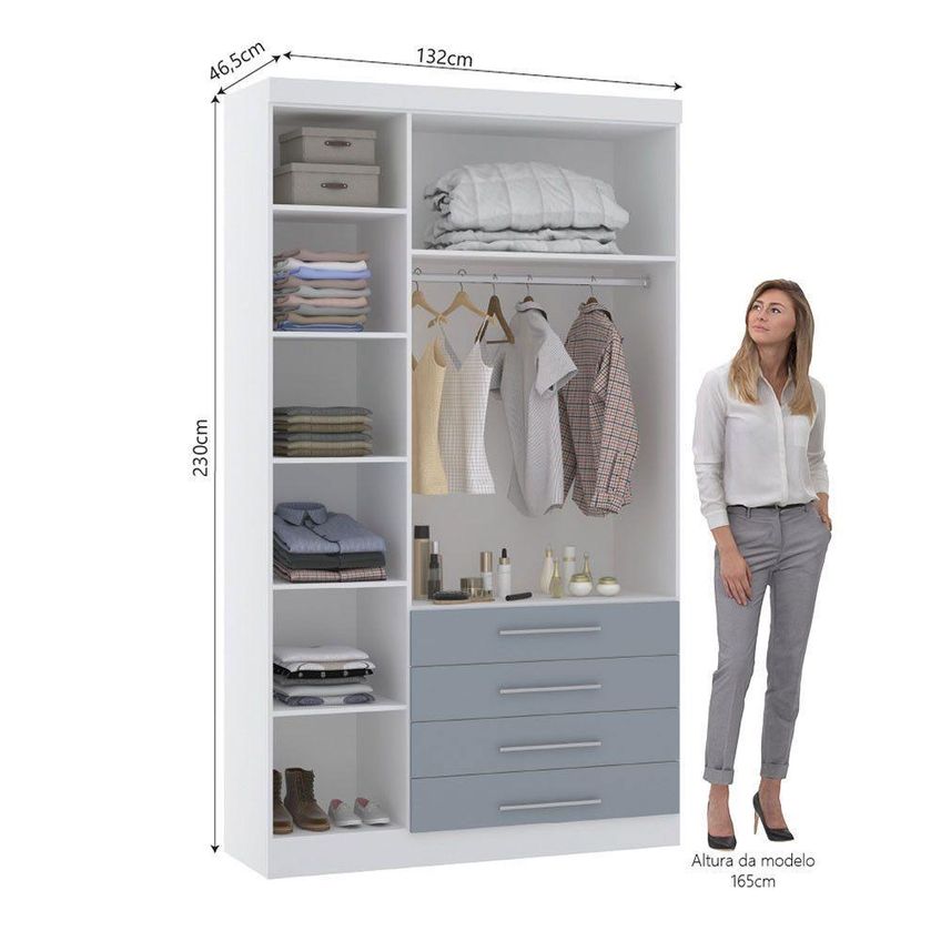 Guarda Roupa Casal Alpes 3 Portas 4 Gavetas MDP Branco PF-Grey Sky PF Luciane Móveis 132cm - imagem 5