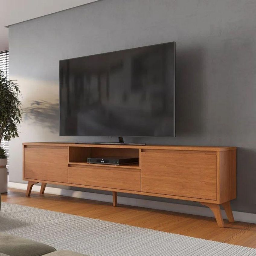 Rack Para TV Até 75 Polegadas 237cm MDF Com Pés Reguláveis Laqueado Creme Mavaular Móveis - imagem 4