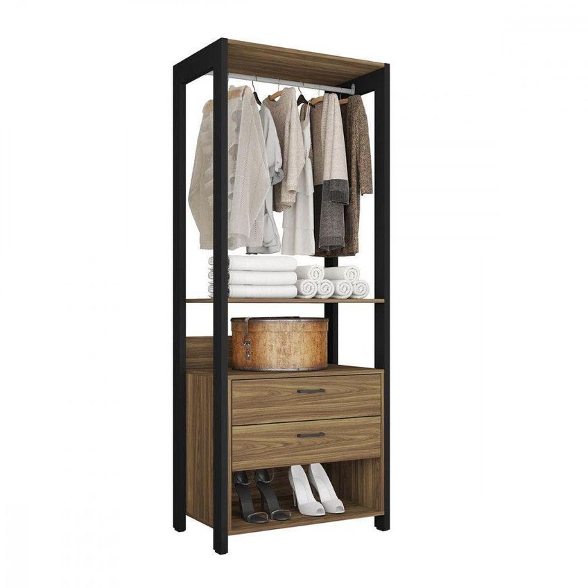 Guarda Roupa Closet Aberto Solteiro Sky 2 Gavetas Mdp Lâmina Mel-preto Tx Caemmun Móveis - imagem 3