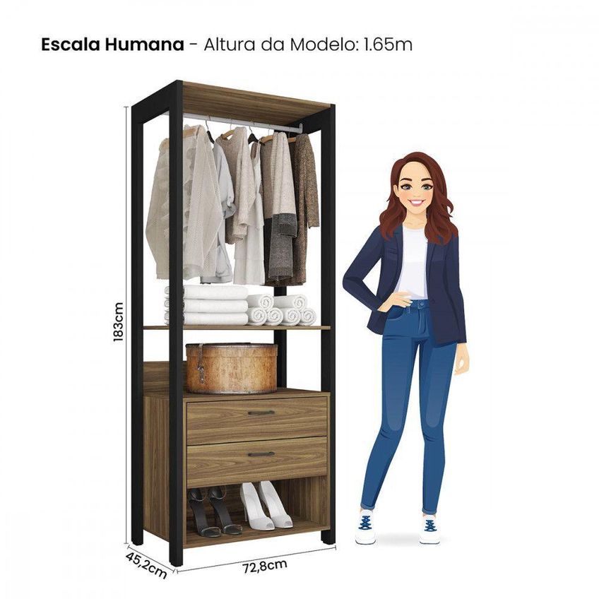 Guarda Roupa Closet Aberto Solteiro Sky 2 Gavetas Mdp Lâmina Mel-preto Tx Caemmun Móveis - imagem 4