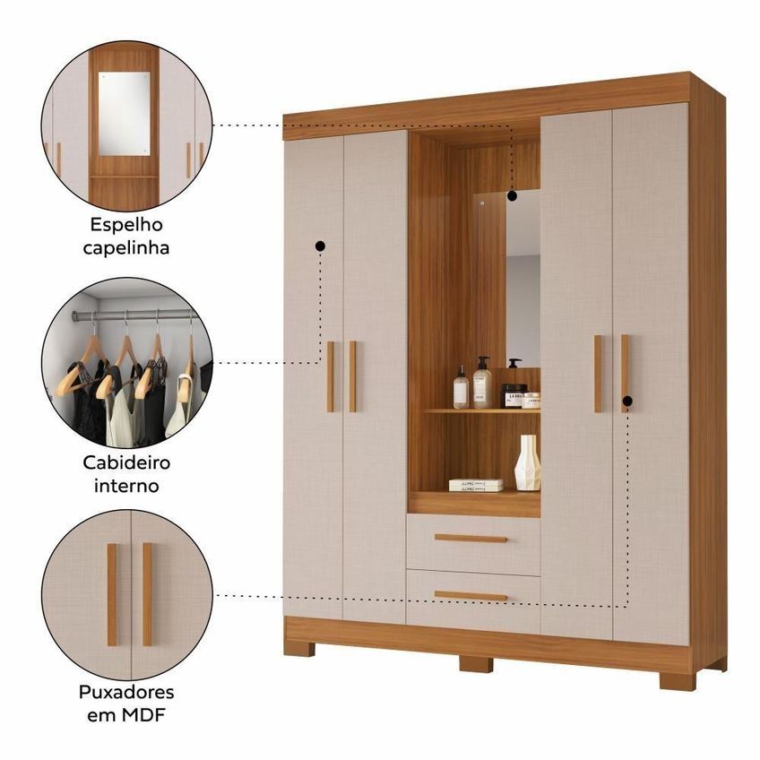 Guarda Roupa Solteiro E Closet Capelinha 4 Portas De Bater Sem Gavetas Mdf-mdp Com Espelho - imagem 4