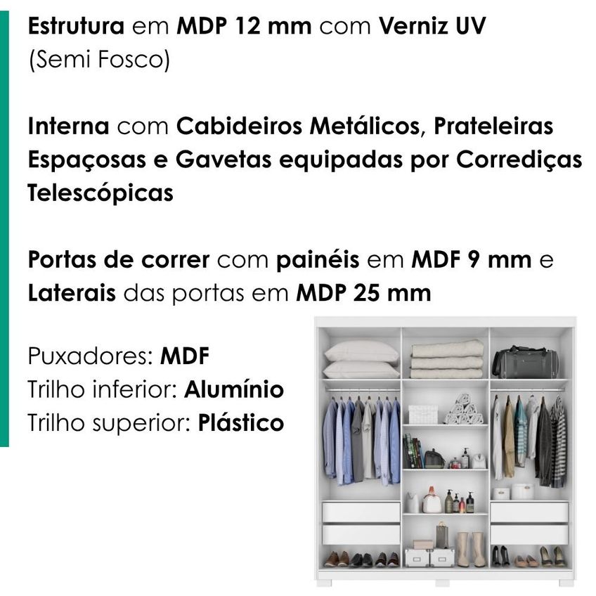 Guarda Roupa Casal 3 Portas De Correr Com Espelho Confort 190 Cm Branco Absoluto Zanz - imagem 4