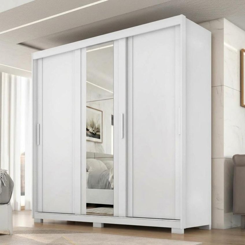 Guarda Roupa Casal 3 Portas De Correr Com Espelho Confort 190 Cm Branco Absoluto Zanz - imagem 5