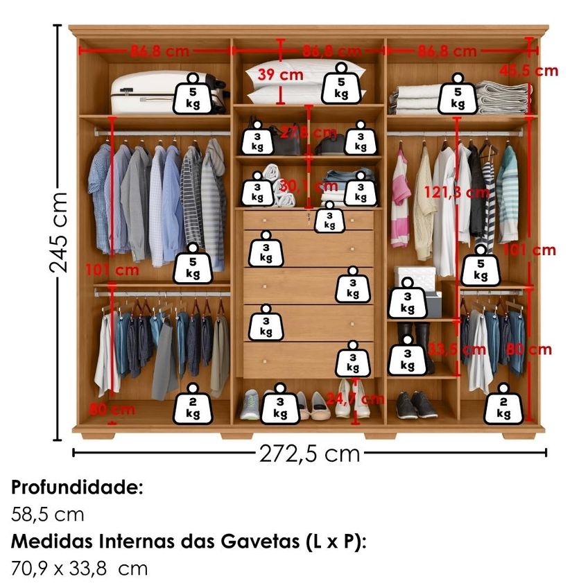 Guarda Roupa Casal 6 Portas Com Espelho Rest 273 Cm Cinamomo Zanz - imagem 3