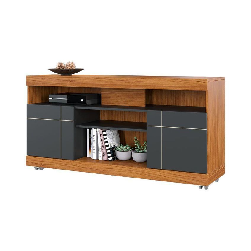 Bancada Yara Para TV 47" 136cm MDP Portas Giratórias Noce Milano Preto Fosco Colibri Móveis - imagem 3