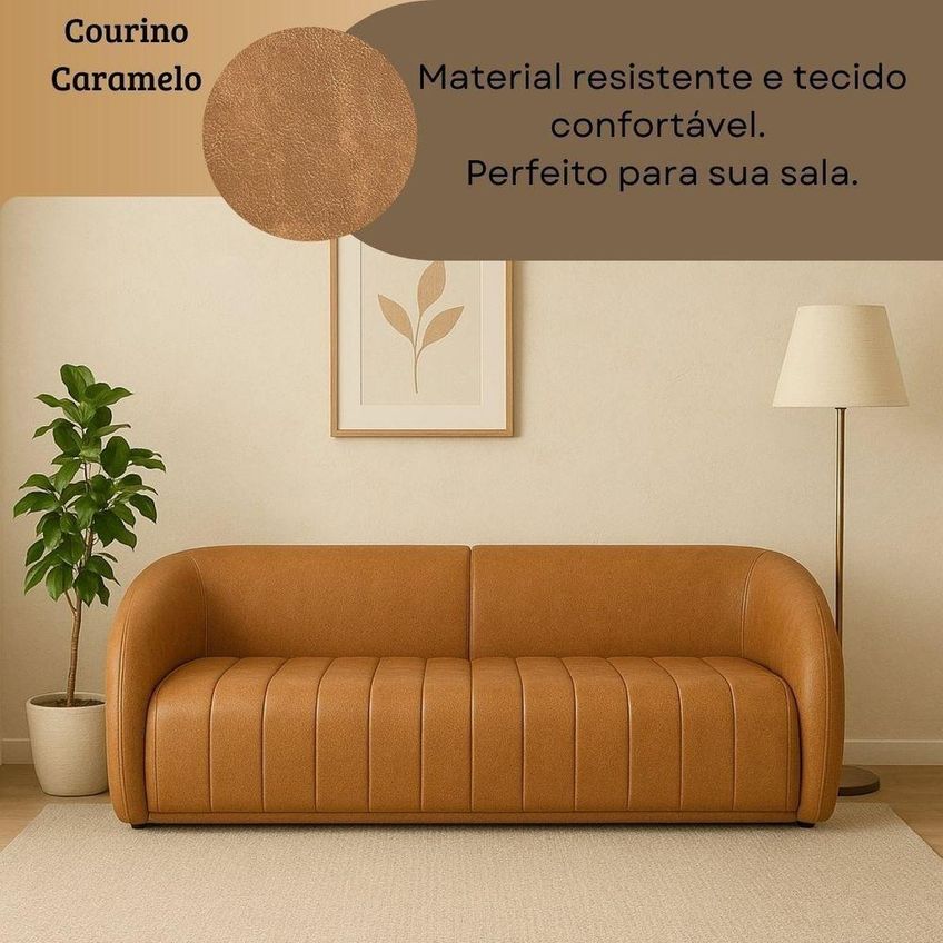 Sofá Orgânico 2 Lugares Fixo 252cm Caramelo Corino Estofado Liso Divani - imagem 4