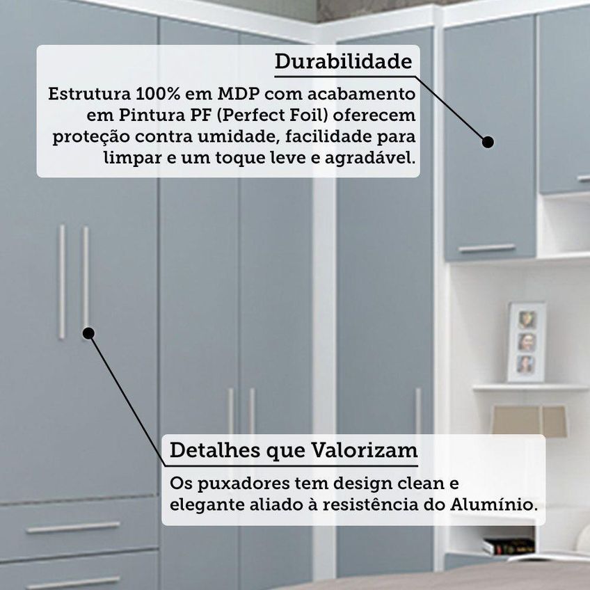 Quarto Home Office Alpes Luciane Móveis 11 Portas 7 Gavetas MDP Branco Com Grey Sky 165cm Guarda - imagem 3