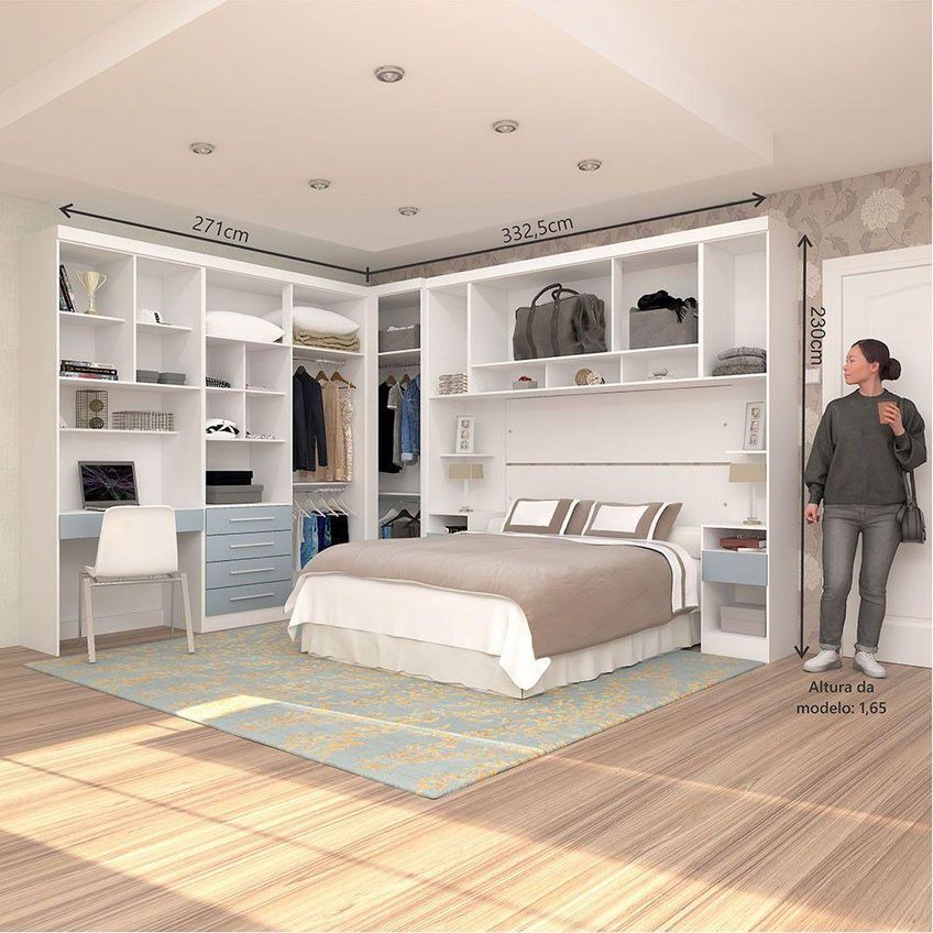 Quarto Home Office Alpes Luciane Móveis 11 Portas 7 Gavetas MDP Branco Com Grey Sky 165cm Guarda - imagem 4