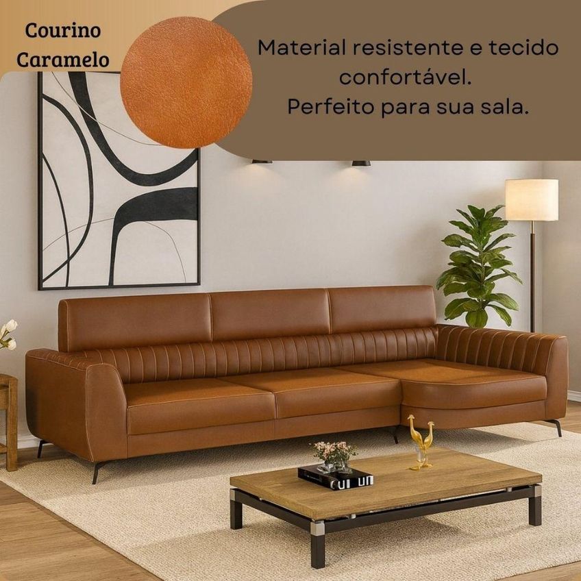 Sofá Com Chaise Maximu 3 Lugares Fixo 260cm Caramelo Corino Pés Em Metal Divani - imagem 3