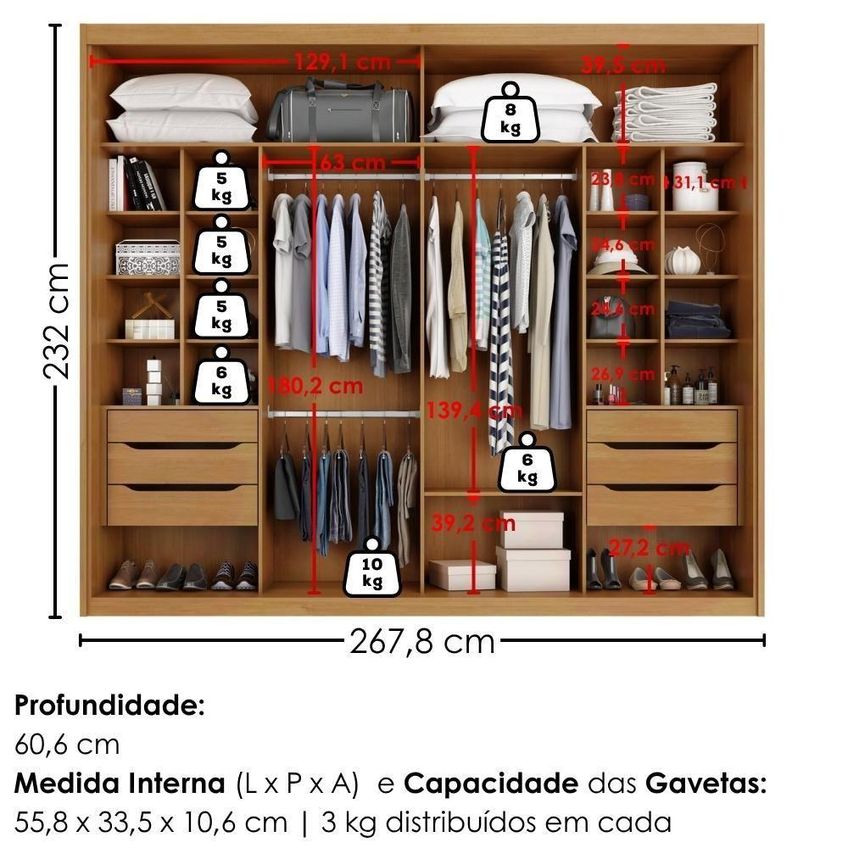 Guarda Roupa Casal Atrane 2 Portas Correr 6 Gavetas MDF Cinamomo Milani Movelaria - imagem 3