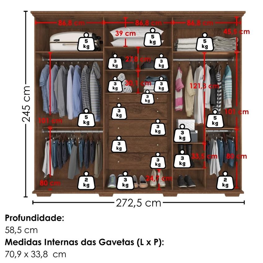 Guarda Roupa Casal 6 Portas Com Espelho Rest 273 Cm Jacaranda Zanz - imagem 3