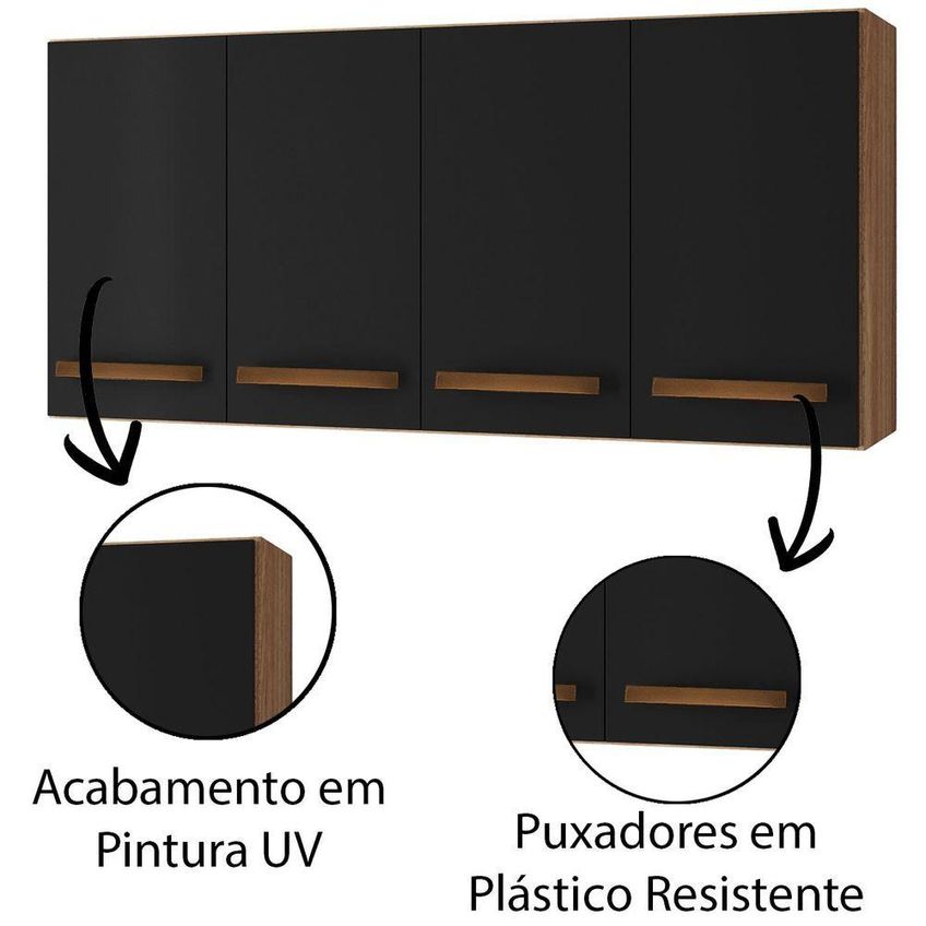 Armário Aéreo De Cozinha Lara Savana 120cm 4 Portas MDF Preto Moblis Móveis - imagem 3