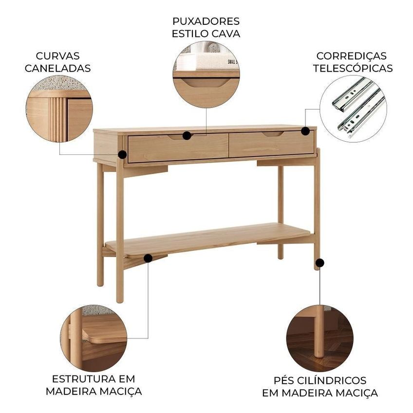Aparador De Sala Nira Moderno 2 Gavetas Madeira Maciça 120cm Mpozenato - imagem 3