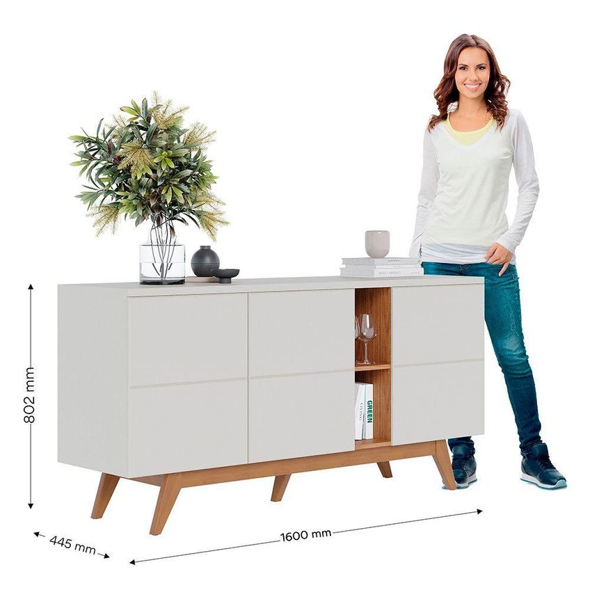 Aparador Buffet Noronha Contemporâneo 3 Portas MDF-MDP 160cm Off White e Freijó Colibri Móveis - imagem 5