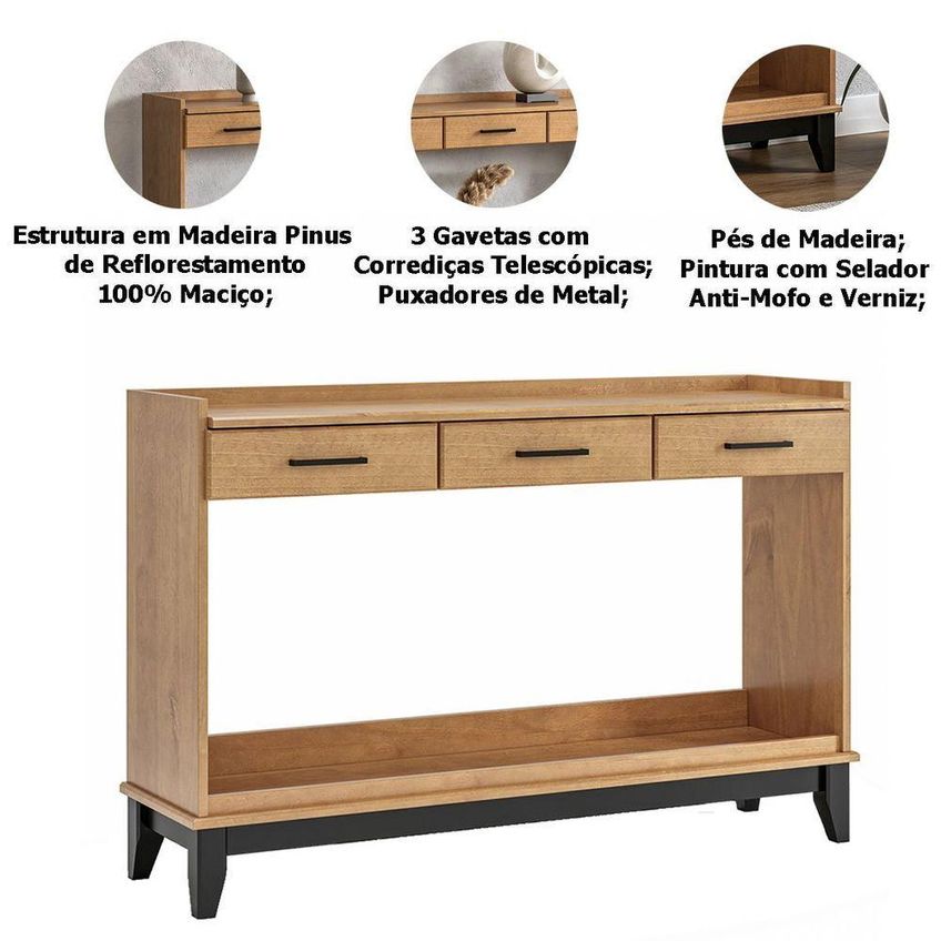 Kit Buffet E Aparador Noble Rústico 1 Porta 3 Gavetas Madeira Maciça 133cm Mpo Móveis - imagem 3