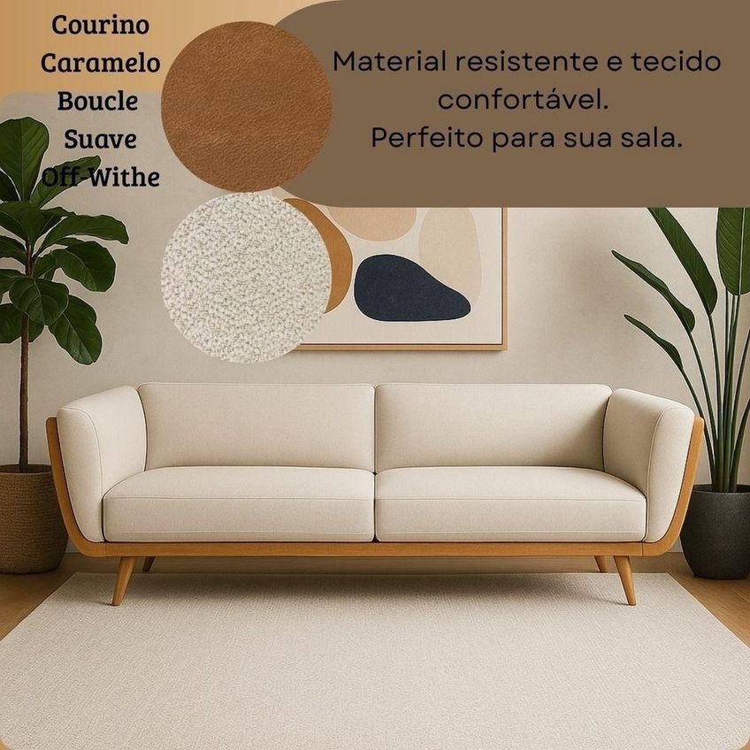 Sofá Compose 3 Lugares Fixo 240cm Off-white Bouclê Corino Caramelo Divani - imagem 4