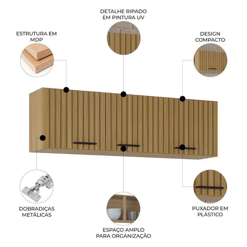 Armário Aéreo Classic Ripado Damasco Z46 120cm 3 Portas MDF Bater Café - imagem 3