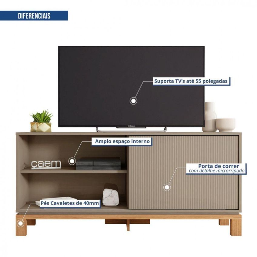 Rack Para TV Mondrian 1.3 Até 55 Polegadas MDP MDF Sued MR-Freijo Caemmun Móveis - imagem 3