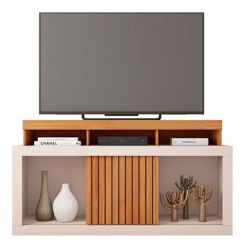 Rack Bancada Para TV Dragon Até 55 Polegadas MDF-MDP Com Rodízios Freijó-Off White Caemmun Móveis - imagem 3