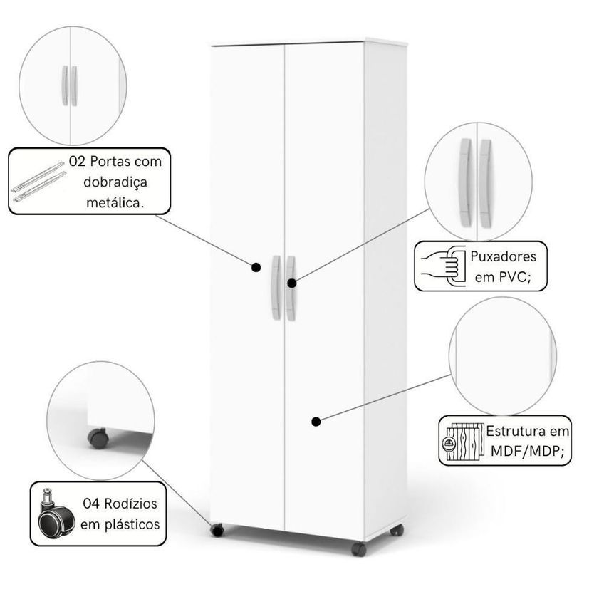 Organizador Armário Com Rodízios 2 Portas 4 Prateleiras MDF-MDP 67cm Mais De Casa - imagem 5