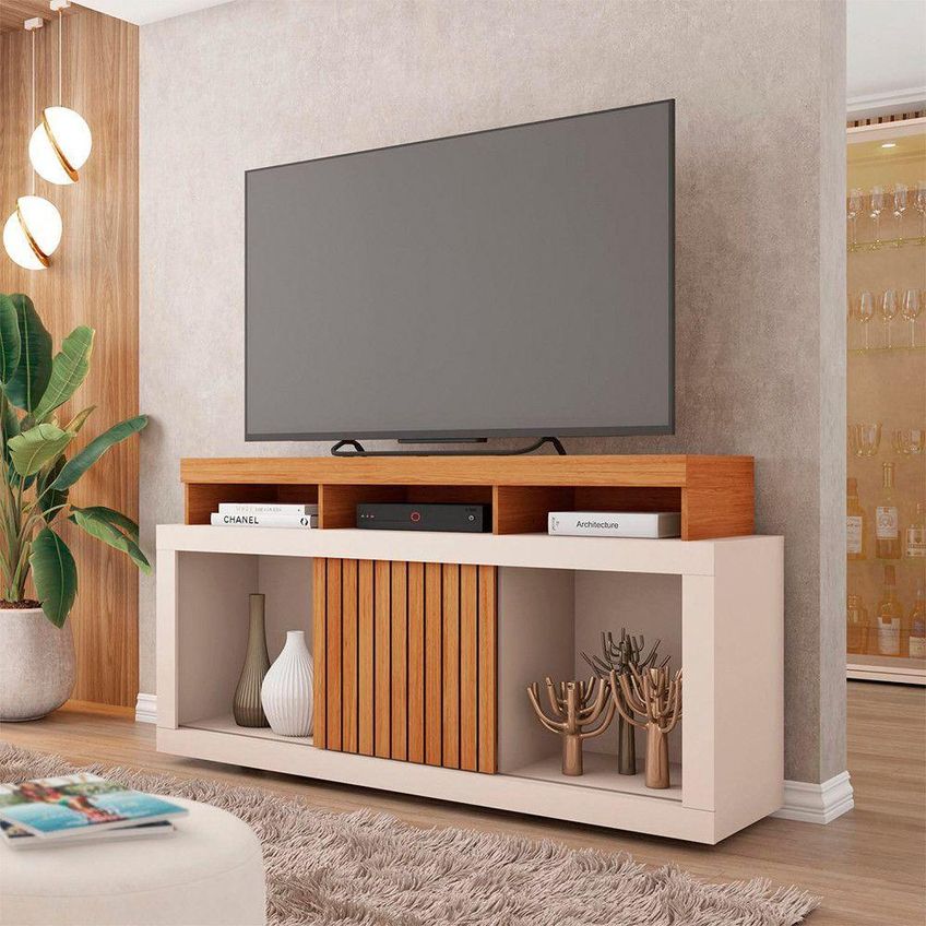 Rack Bancada Para TV Dragon Até 55 Polegadas MDF-MDP Com Rodízios Freijó-Off White Caemmun Móveis - imagem 5