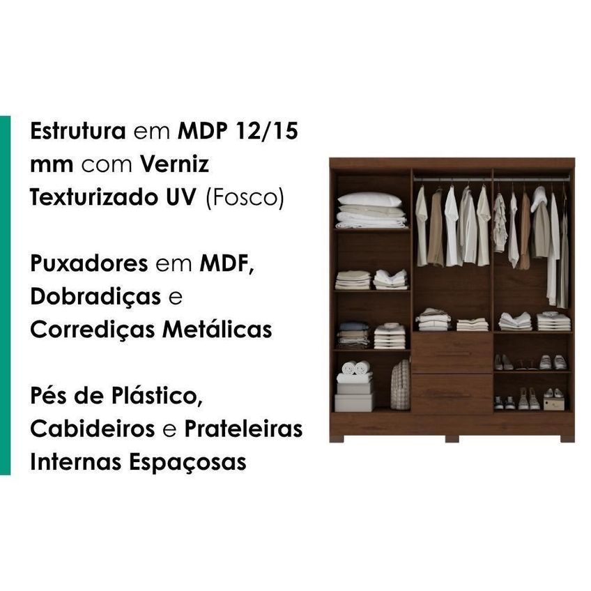 Guarda Roupa Casal Primor 6 Portas De Bater 2 Gavetas MDP Com Espelho Jacaranda Milani Movelaria - imagem 3
