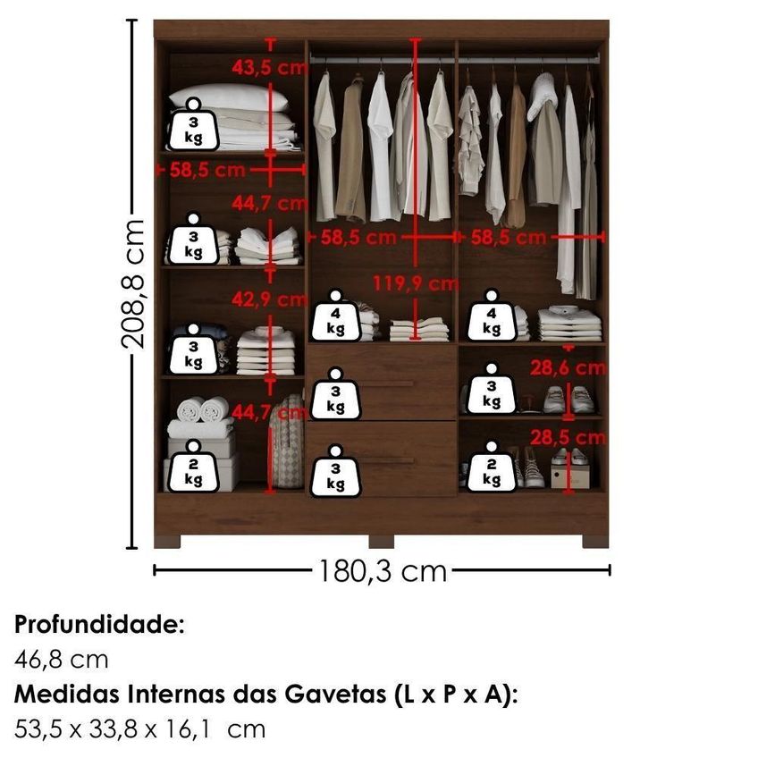 Guarda Roupa Casal Primor 6 Portas De Bater 2 Gavetas MDP Com Espelho Jacaranda Milani Movelaria - imagem 4