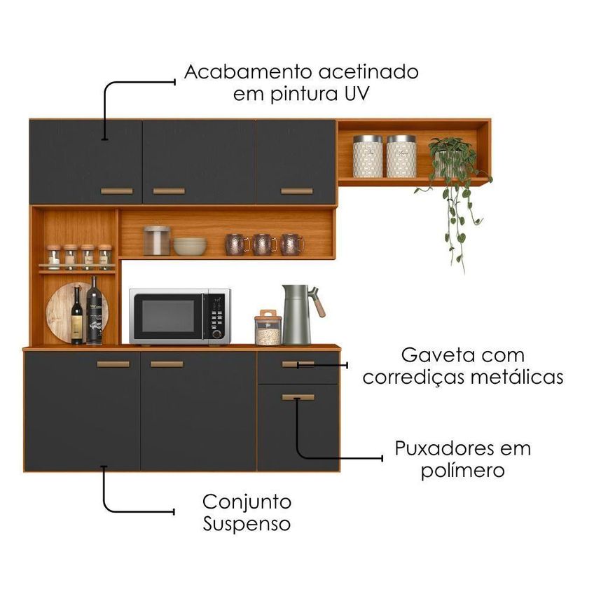 Cozinha Compacta Manu Sem Porta 1 Gaveta MDP-MDF 180cm Cinza Poliman Móveis - imagem 3