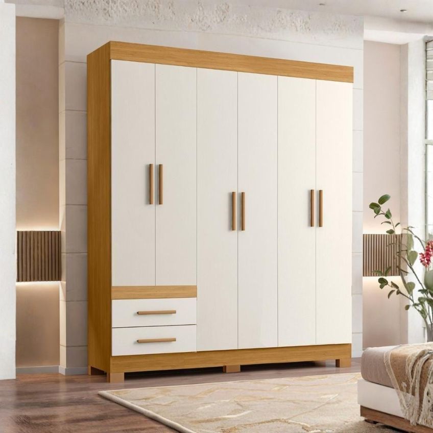 Guarda Roupa Casal New Recife 6 Portas De Bater 2 Gavetas Mdp Mdf Freijo Off Acetinado Poliman - imagem 3