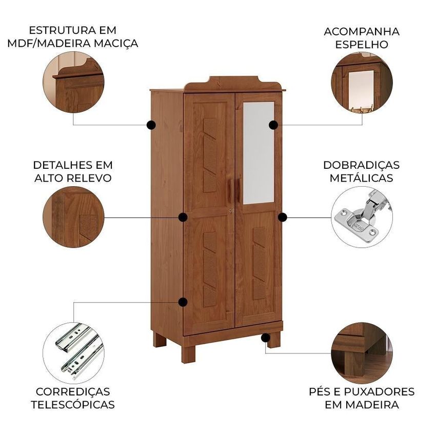 Guarda Roupa Solteiro Giana 2 Portas De Bater 2 Gavetas Castanho Mpozenato - imagem 4