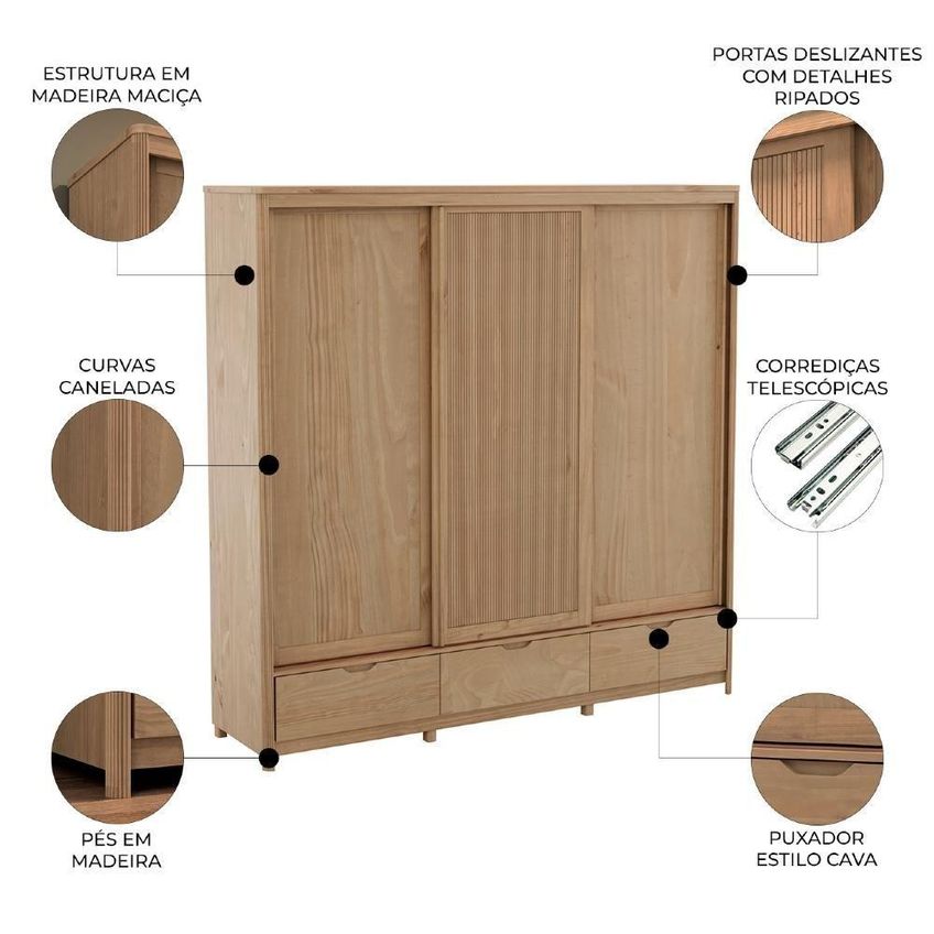 Guarda Roupa Casal Nira 3 Portas De Correr 3 Gavetas Madeira Maciça Tuari Mpozenato 221cm - imagem 5