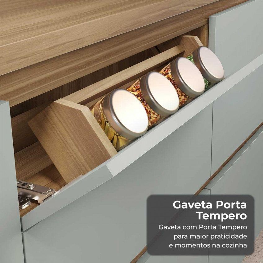 Cozinha 5 Peças Rainha 2 Portas 7 Gavetas MDF Nature E Verde Nesher Móveis - imagem 4
