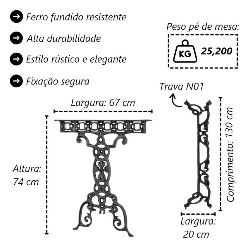 Kit Par Pé De Mesa E Trava Vila Rica Ferro Fundido 67cm Fundição São Cristóvão - imagem 3