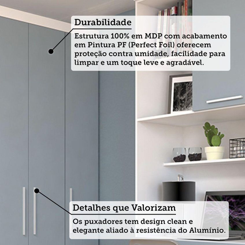 Guarda Roupas E Bancada Home Office Modulado Alpes 5 Portas De Bater 3 Gavetas Mdp Branco Pf E Grey - imagem 3