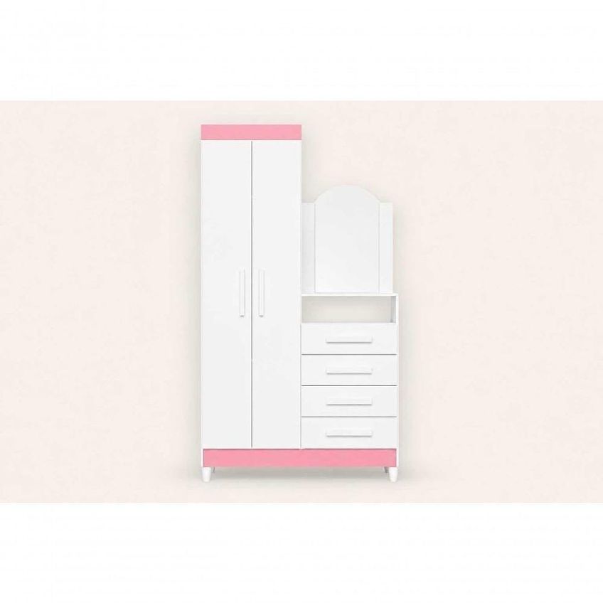 Guarda Roupa Com Cômoda Solteiro New Capri 2 Portas 4 Gavetas Mdp Branco Rosa Flex 103cm - imagem 3