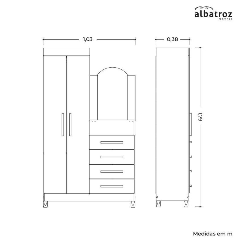 Guarda Roupa Com Cômoda Solteiro New Capri 2 Portas 4 Gavetas Mdp Branco Rosa Flex 103cm - imagem 5
