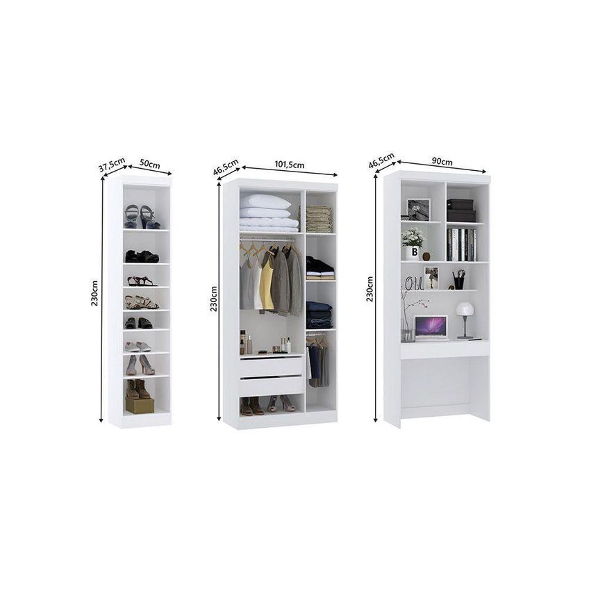 Guarda Roupas E Bancada Home Office Alpes 5 Portas De Bater 3 Gavetas Mdp Branco Luciane Móveis - imagem 4