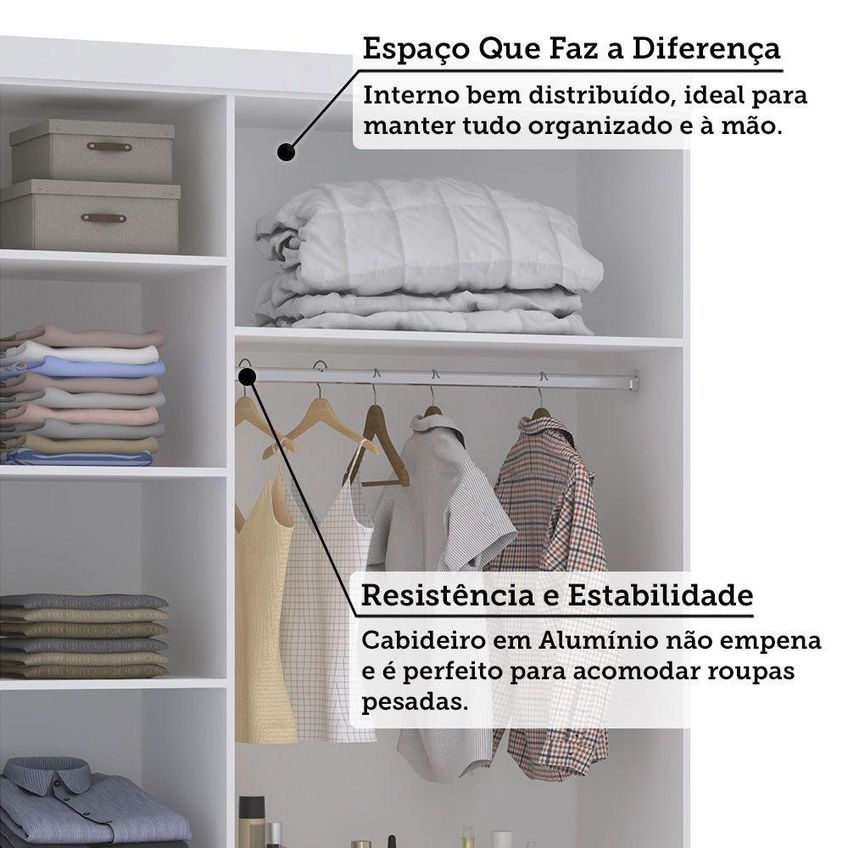 Guarda Roupa Modulado Alpes 3 Portas De Bater 4 Gavetas MDP Branco PF-Branco PF 132cm Luciane Móveis - imagem 3