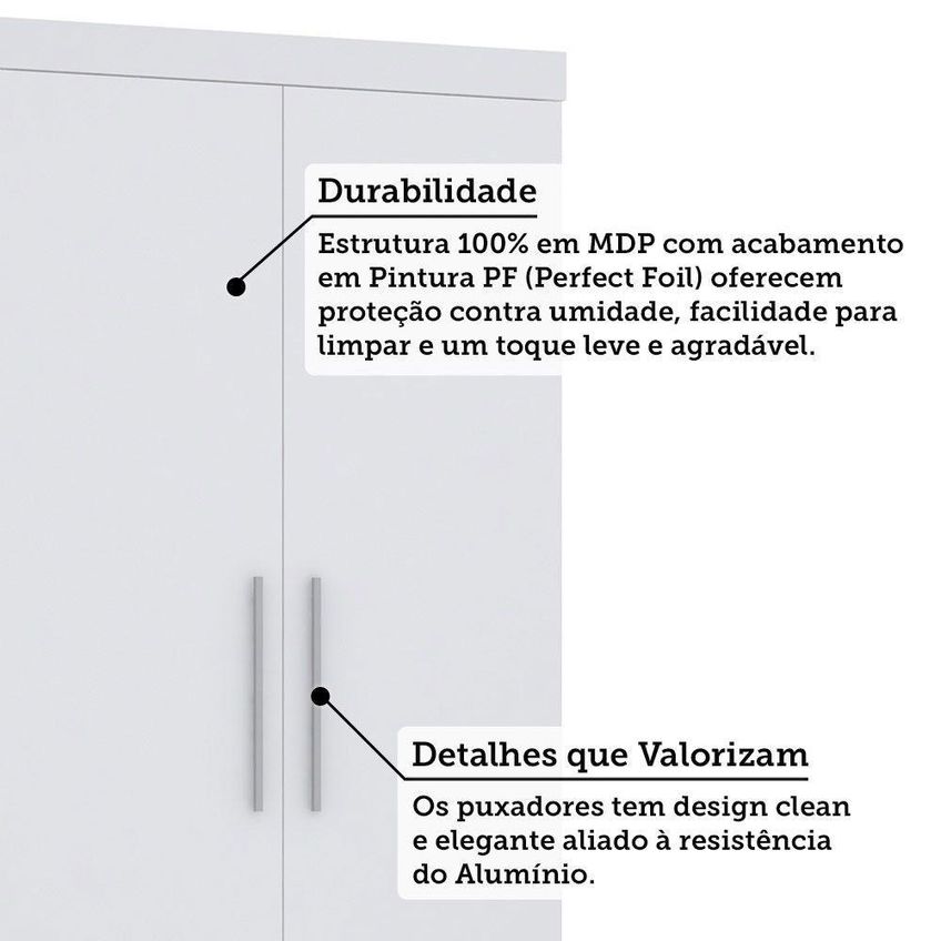 Guarda Roupa Modulado Alpes 3 Portas De Bater 4 Gavetas MDP Branco PF-Branco PF 132cm Luciane Móveis - imagem 4