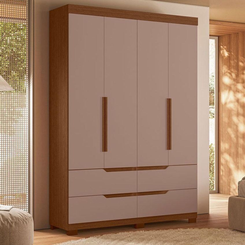 Guarda Roupa Solteiro Doble 4 Portas De Bater 4 Gavetas Mdp Cômoda Sapateira Nogueira Capuccino - imagem 4