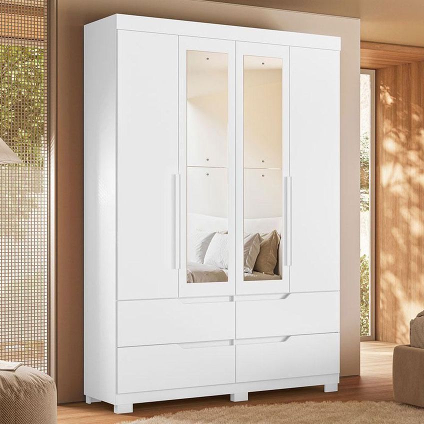 Guarda Roupa Solteiro Com Cômoda Doble 4 Portas De Bater Com Espelho 4 Gavetas Mdp Branco Freijó - imagem 3