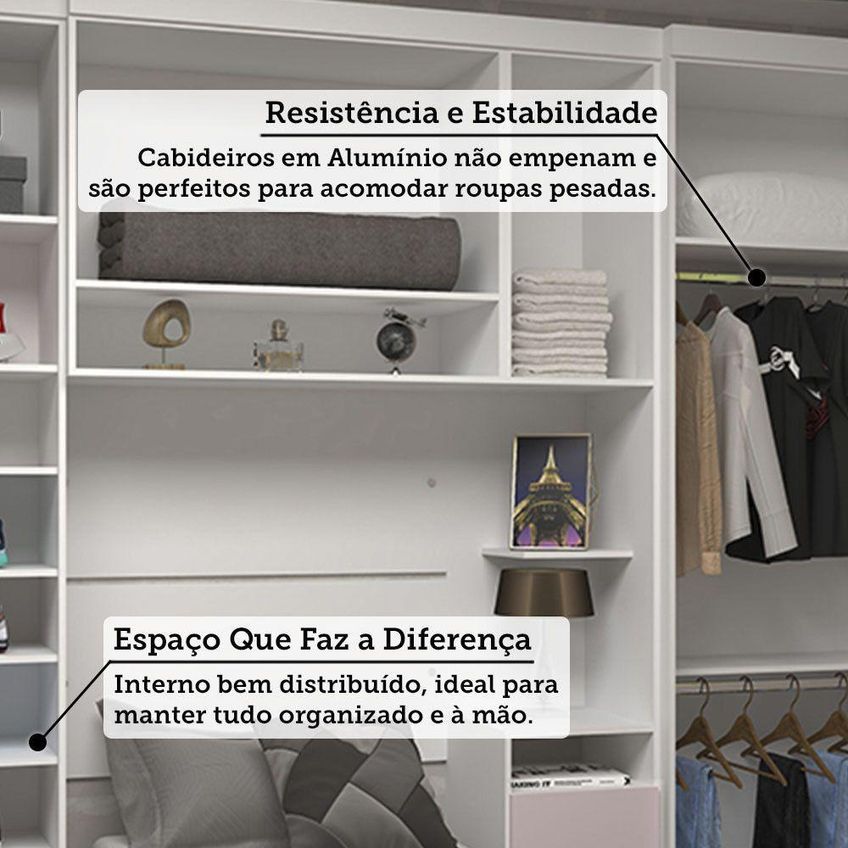 Quarto Completo Alpes 6 Portas 1 Gaveta MDP 97cm Branco E Rosa Luciane - imagem 3