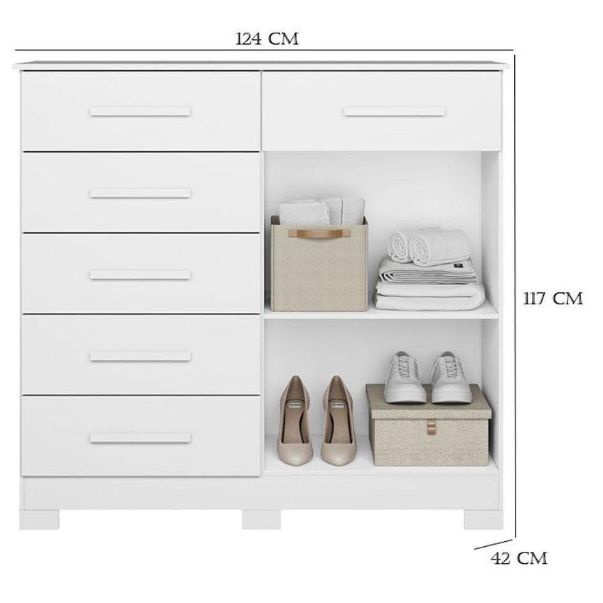 Guarda Roupa Solteiro Com Cômoda Xangai 4 Portas De Bater Com Espelho 4 Gavetas Mdp Fosco Branco - imagem 3