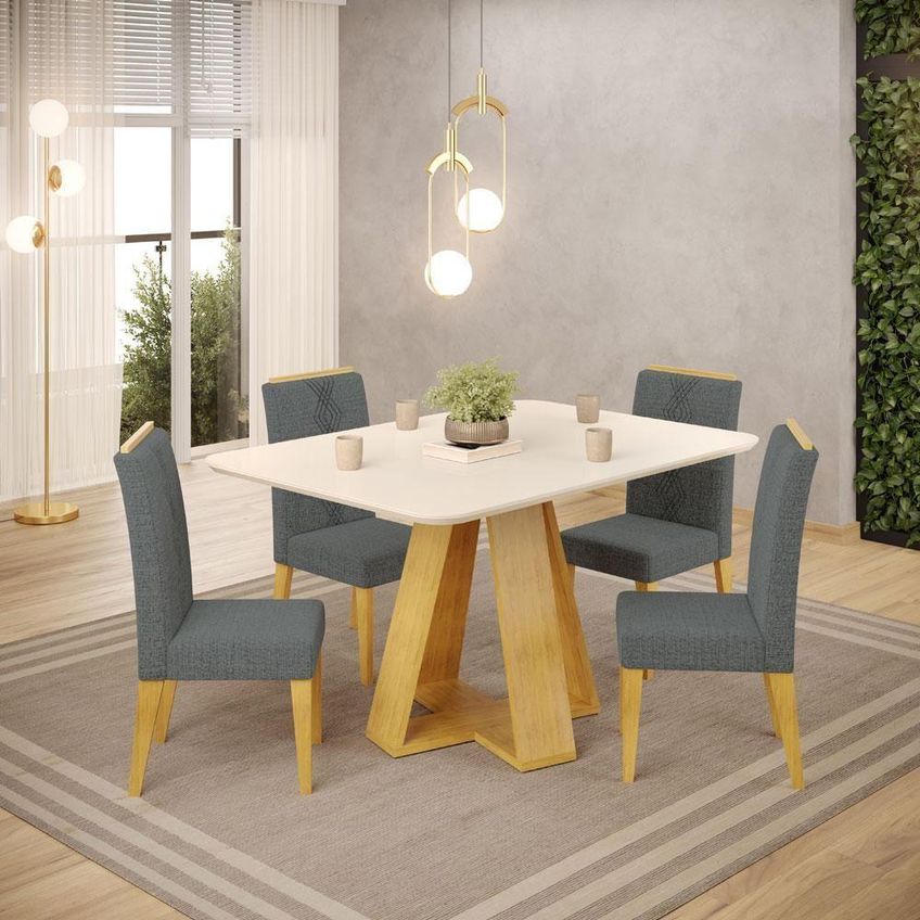 Conjunto De Jantar Kiara 120 Com 4 Cadeiras Yasmin 4 Lugares Tampo Mdf Vidro Cedro Off White Dj - imagem 3