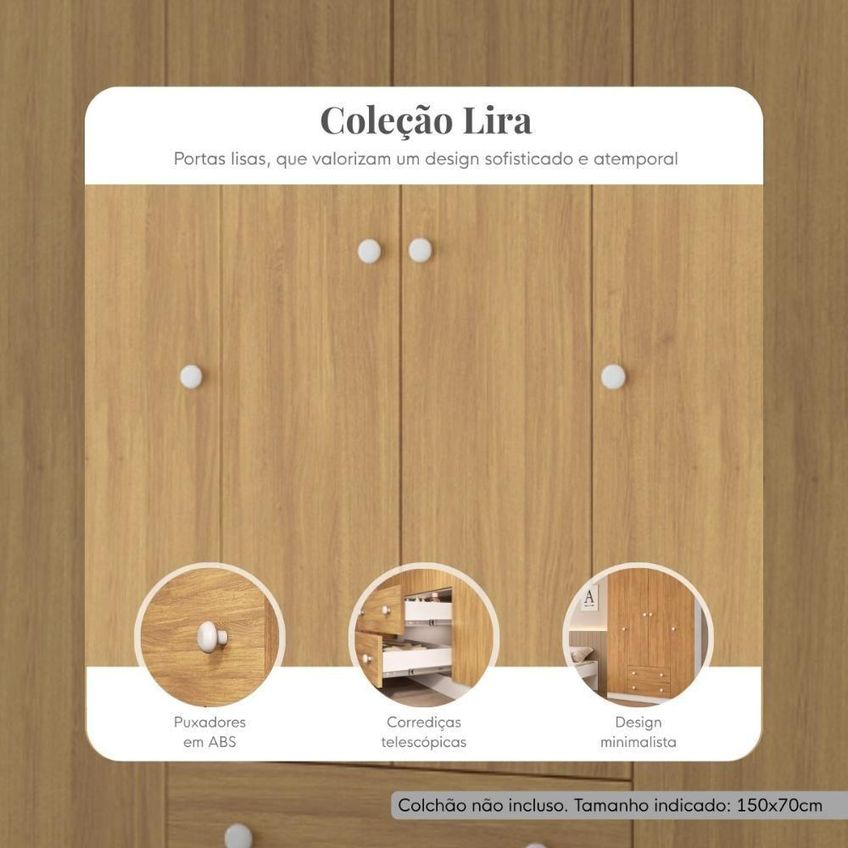 Jogo De Quarto Com Cama Solteiro E Guarda Roupa Lira 4 Portas 2 Gavetas Mdp Branco Multimóveis - imagem 3